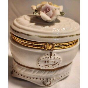 Vintage Ceramic Mini Trinket Box Applied Rose Buds on Lid White W/ Gold Trim